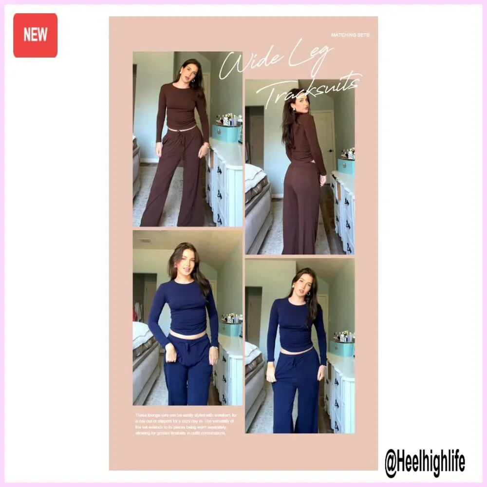 Women's Lounge Set Long Sleeve Top Wide Leg Pants Casual Matching Outfit